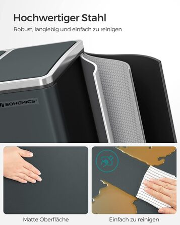 Кухонний контейнер для сміття SONGMICS, 3 x 18 л, система розділення сміття з 3 відділеннями, включаючи 15 мішків для сміття, відро для сміття, відро для сміття на педалі, для перероблених відходів, органічних відходів, з кришкою, LTB54BK (зелено-сірий)