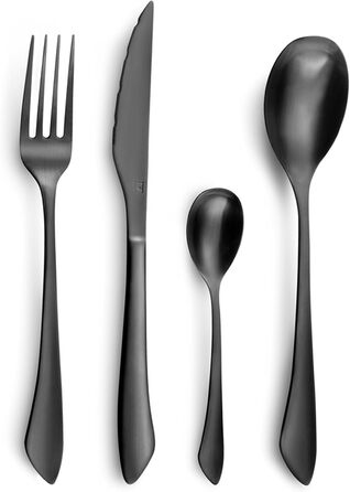 Набір столових приборів Amefa INSTINCT 4 персони 16 шт. Столові прибори PVD чорні матові у вінтажному стилі Набір столових приборів 4 персони нержавіюча сталь 18/0 матова 4 шт. столова виделка, столовий ніж, столова ложка та чайна ложка чорна по 16 шт.