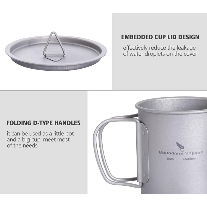 Безмежна подорож на відкритому повітрі 750 мл 800 мл 1100 мл 1300 мл Титанова каструля з кришкою Складна ручка для застави Кемпінг Піші прогулянки Пікнік Ультралегка портативна пляшка для води Чашка Кухоль Набір свиней (300 мл)