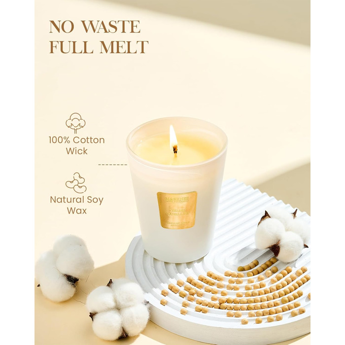 Ароматична свічка M&SENSE надзвичайно велика, час горіння 150 годин, натуральна ароматерапевтична свічка з 3 гнітами, сильний аромат, тривале горіння, подарункова свічка та прикраса для дому, подарунки для жінок (400 г, ваніль)