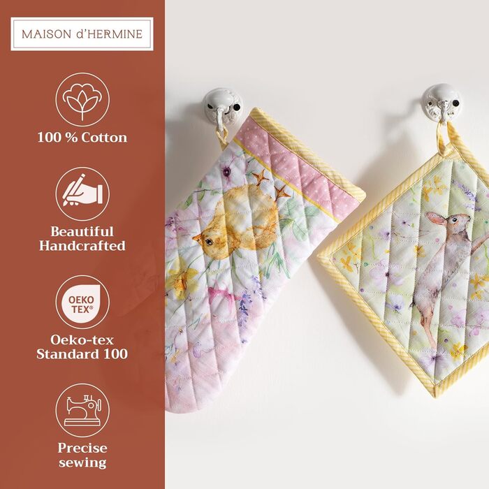 Рукавички для духовки Maison d&39 Hermine, Прихватки для каструль, 100 бавовна, термостійкі кухонні рукавички, рукавички для духовки (19 x 33 см) та прихватки для каструль (20 x 20 см) для приготування їжі, Morzine - Рукавички для духовки (19 x 33 см) та 