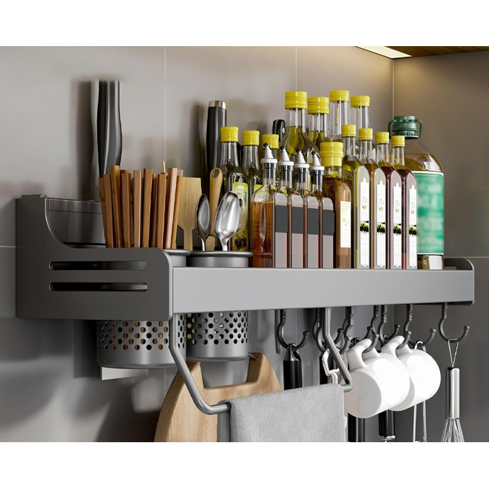 Підвісна підставка для спецій з металу, міцна кухонна полиця, настінна підставка для спецій, органайзер для спецій, кухонний органайзер, підставка для спецій з тримачем для рушників, Daojai, гачки та тримач для столових приборів, сіра, (60 см, сіро-сірий)