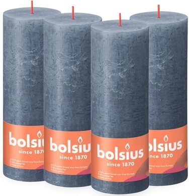 Свічки Bolsius Rustic Pillar - Оливково-зелені - Набір з 4 шт. - Декоративні побутові свічки - Час горіння 60 годин - Без запаху - Натуральний рослинний віск - Без пальмової олії - Оливково-зелені (19 x 7 см, темно-сині)