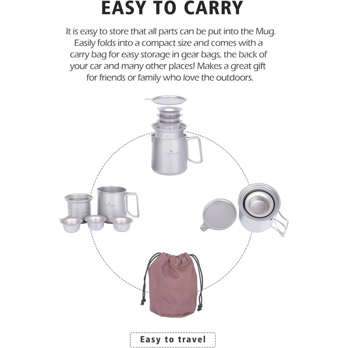 Мл Титановий чайник 120 мл і 180 мл Набір чашок з фільтром і кришкою Одношарова кавова кружка Садовий пікнік Набір чайників Портативний легкий туристичний посуд для кемпінгу на відкритому повітрі Ti3127D (кухоль Ti3126d-500 мл з набором чашок по 40 мл), 5