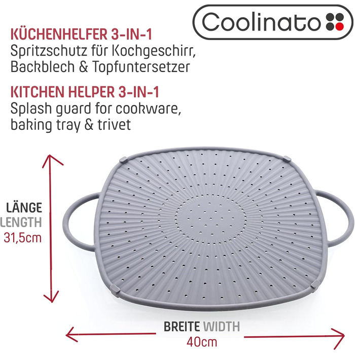 Силіконова підставка для посуду прямокутна 31x31 см з ручками, сірий Coolinato