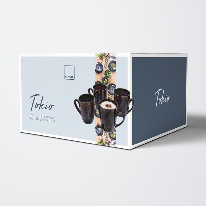 Певец Набор кофейных чашек Tokyo 4 шт., набор кофейных кружек на 4 персоны, сейф для посудомоечной машины из керамогранита, набор чашек ручной работы, набор кружек для кофе, набор кружек сине-черный с коричневыми акцентами Набор кофейных кружек 300 мл 4 ш