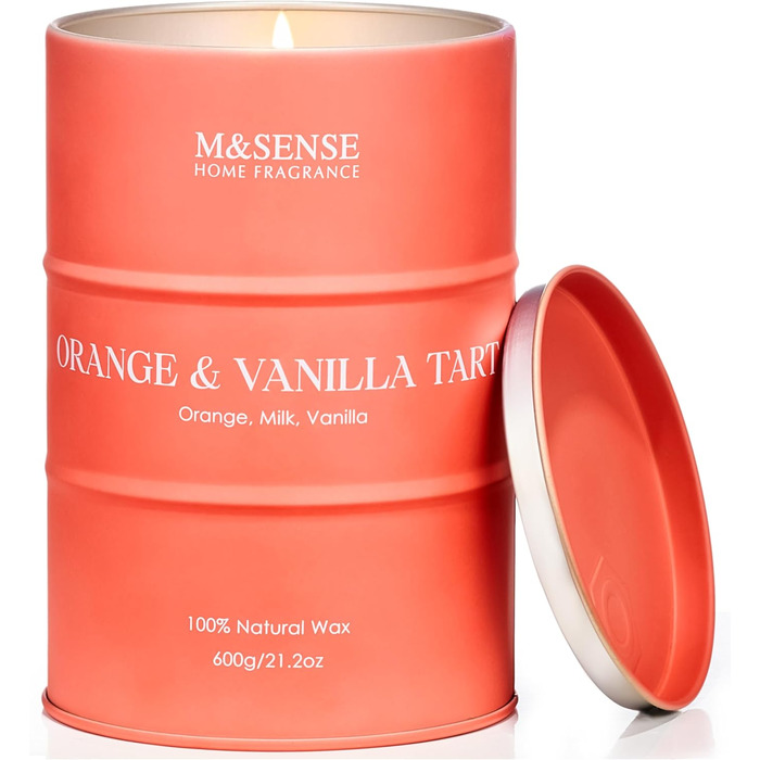 Ароматичні свічки M&SENSE з натурального соєвого воску, натуральна соєва свічка для домашнього декору, тривалий час горіння до 70 годин, класні подарунки-свічки для чоловіків та жінок (600 г, апельсин та ваніль)