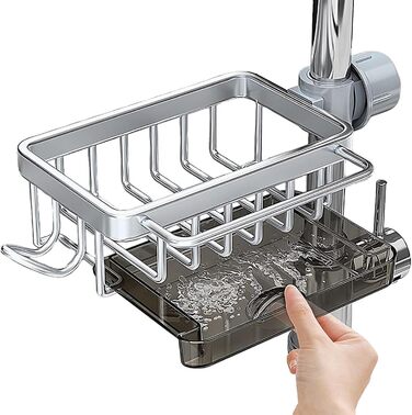 Тримач для губки для кухонного змішувача - Багатофункціональний органайзер для раковини Кошик для зберігання губок, рушників для посуду та щіток Міцний дизайн з алюмінію та ABS-пластику Ідеально підходить для зберігання у ванній кімнаті (сріблястий)