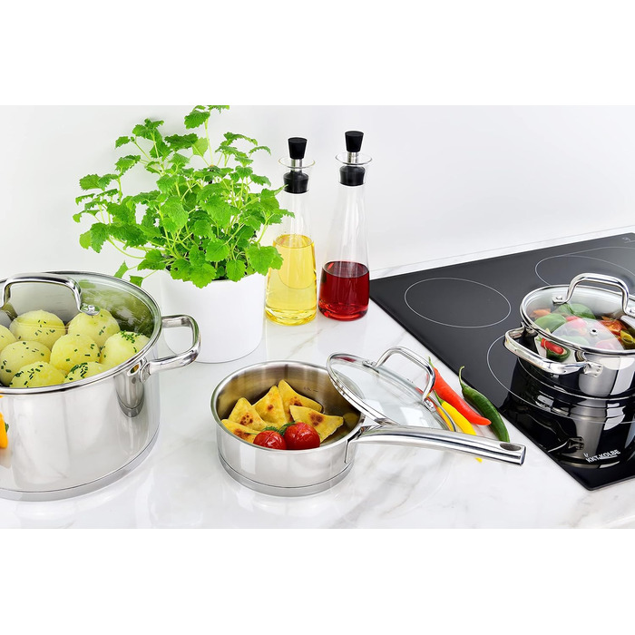 Маленька індукційна каструля Linnuo 16 см зі скляною кришкою, маленька каструля об&39ємом 1,5 л виготовлена з нержавіючої сталі 18/10, ручка не нагрівається, коване дно для всіх плит, міні-каструля, каструля для молока, індукційна каструля (16 см 1,2 л)