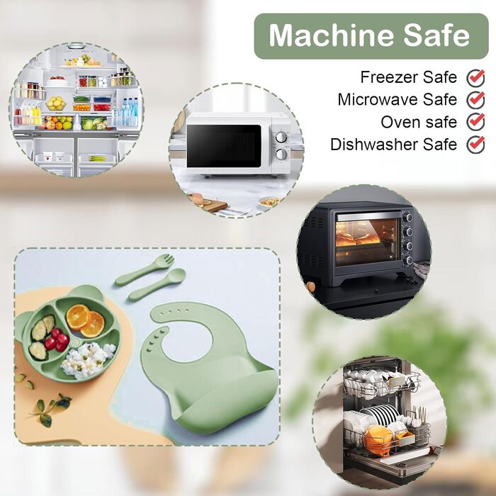 Силіконовий набір дитячого столового посуду Bizcasa з 9 предметів, нековзкий набір дитячого столового посуду, дитячий столовий посуд із присоскою, нековзна дитяча миска, дитяча тарілка, дитячий набір столових приборів для малюків, без BPA (темно-зелений)