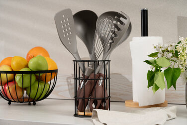 ARDESTO Подставка для столовых приборов Midori 11х11х17см, металл, бамбук, черная