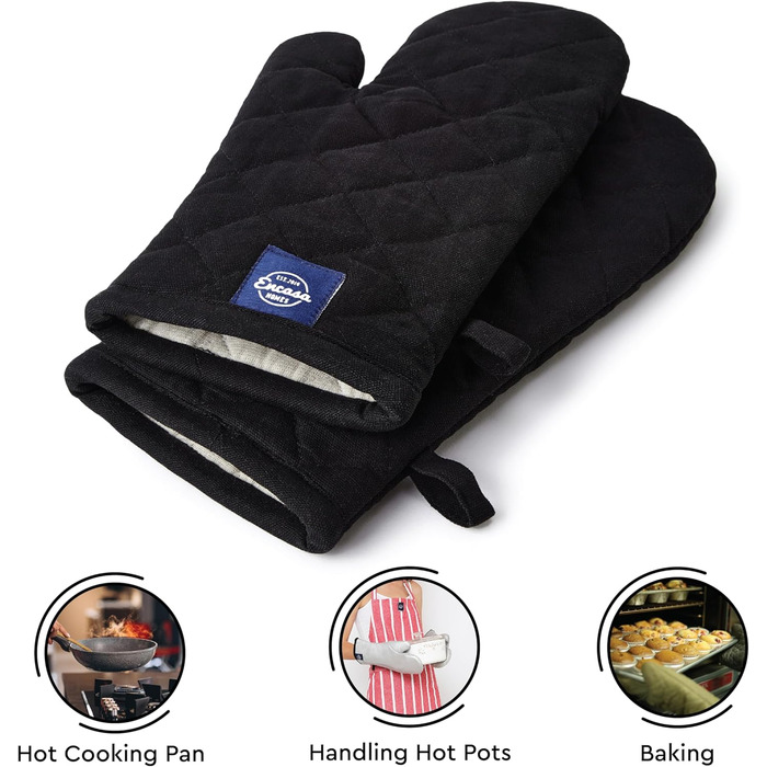 Рукавички для духовки та мікрохвильової печі Encasa Homes Extra Long (2 шт.) для кухні - Силіконові, сріблясті, термостійкі - Захищають руки від гарячого обладнання - (18 x 30 см, суцільний чорний колір)