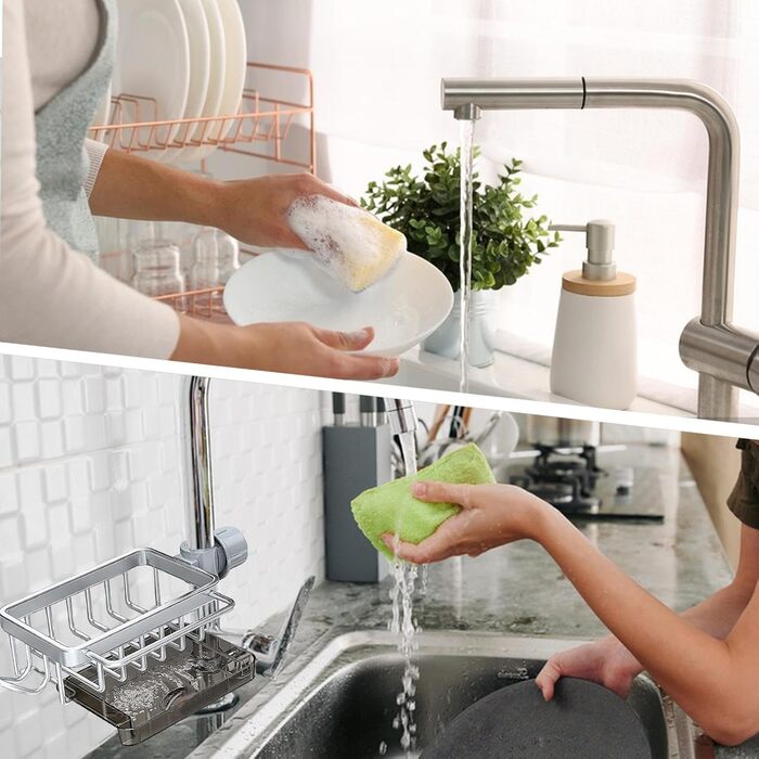 Тримач для губки для кухонного змішувача - Багатофункціональний органайзер для раковини Кошик для зберігання губок, рушників для посуду та щіток Міцний дизайн з алюмінію та ABS-пластику Ідеально підходить для зберігання у ванній кімнаті (сріблястий)