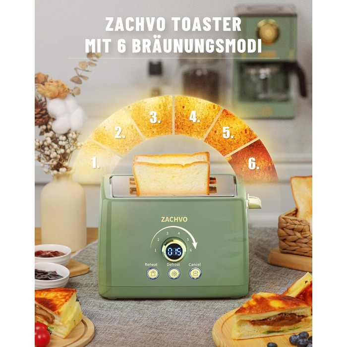 Тостер 850 Вт на 2 скибочки, зелений ZACHVO