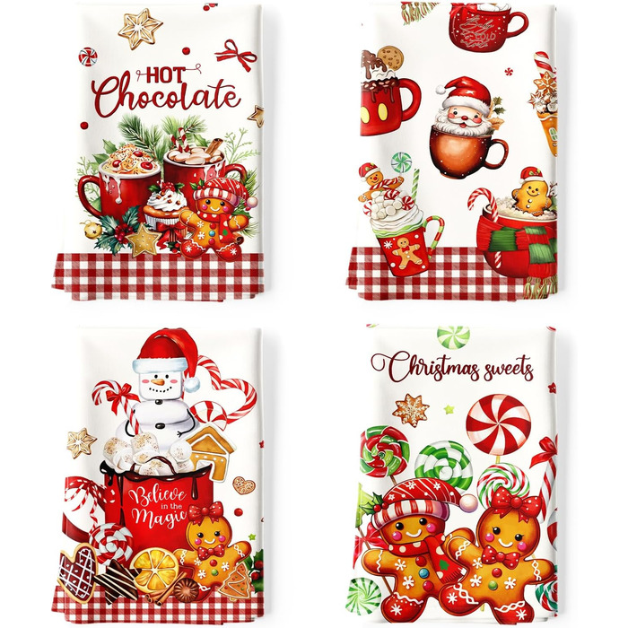Набір із 4 кухонних рушників Arquiel, зимові різдвяні ялинки, декоративні різдвяні кухонні рушники, 100 бавовняні, абсорбуючі, подарунок на свята, новосілля, 48 см x 70 см (імбирний пряник, 48 см x 70 см, набір із 4 шт.)