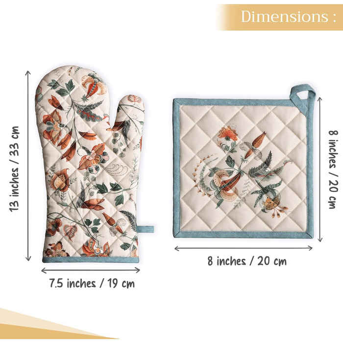 Рукавички для духовки, прихватки для каструль Maison d&39 Hermine, 100 бавовна, термостійкі кухонні рукавички, рукавички для духовки (19 x 33 см) та прихватки для каструль (20 x 20 см) для приготування їжі, Morzine - Рукавички для духовки (19 x 33 см) та 