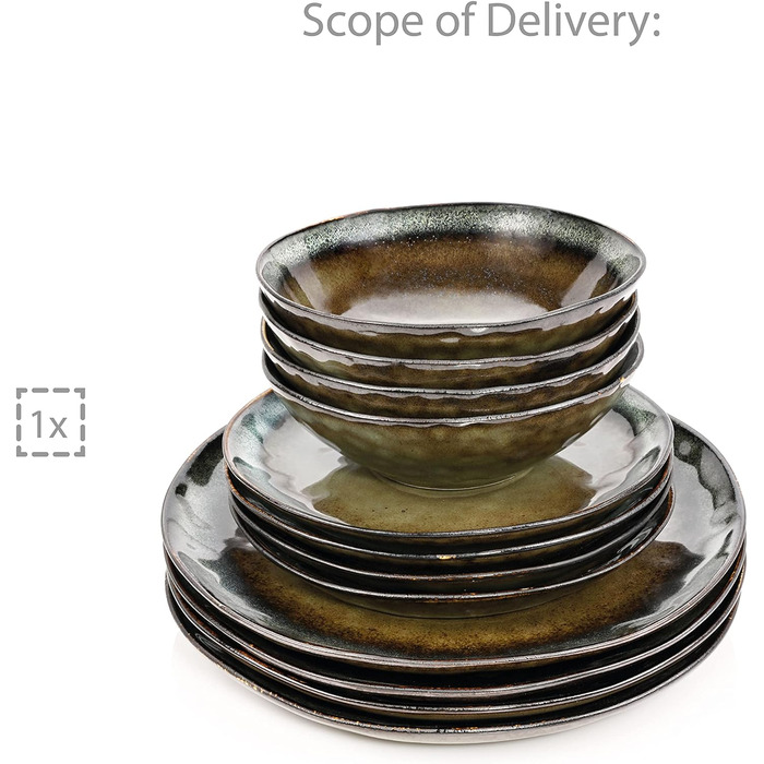 СПІВАЧКА Обідній сервіз Asti Stoneware, набір посуду з 12 предметів для 4 осіб, темний та унікальний дизайн, сучасний