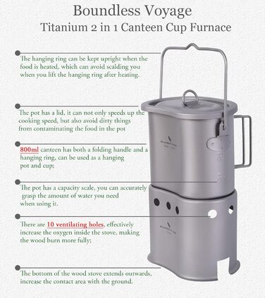 Мл Набір титанових кемпінгових печей зі складною ручкою та кільцем для підвішування Пікнік на свіжому повітрі 2 в 1 Їдальня у формі нирки Набір дров'яних печей Легкий клапан Підвісна конфорка для 1 людини Ti2005C, 800