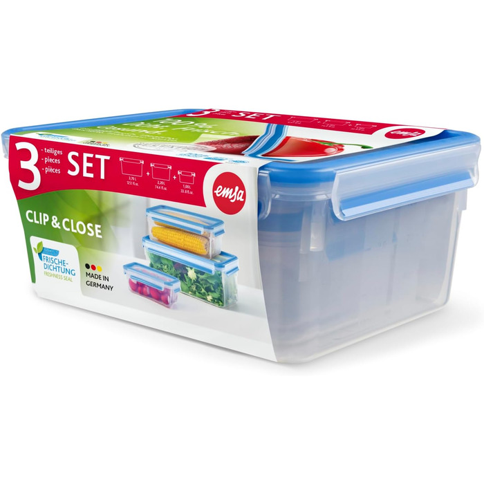 Набір контейнерів для зберігання продуктів EMSA Clip & Close, прямокутні, 5 x 0,8 л, коробки для зберігання, 100 герметичні, придатні для миття в посудомийній машині, морозильної камери та мікрохвильової печі, прозорі, сині, зроблені в Німеччині, N10307 (