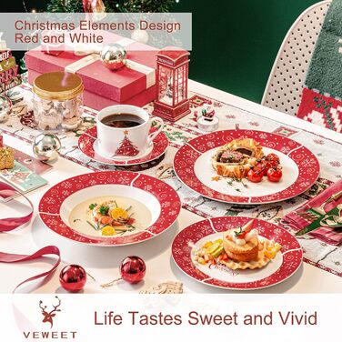 Серія 30-предметний порцеляновий різдвяний набір посуду на 6 осіб, різдвяний кавовий сервіз на 6 обідніх тарілок, 6 десертних тарілок, 6 супових тарілок, 6 кавових чашок та 6 блюдець (Christmastree-1, обідній сервіз на 30 предметів)