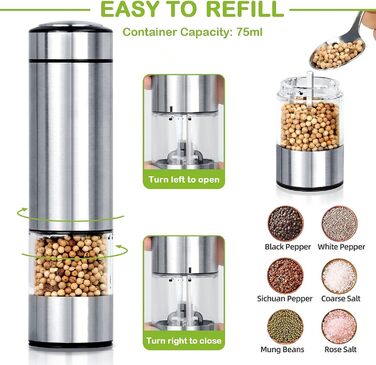 Млин для солі та перцю електричний, набір 2 предмети, нержавіюча сталь Innhom