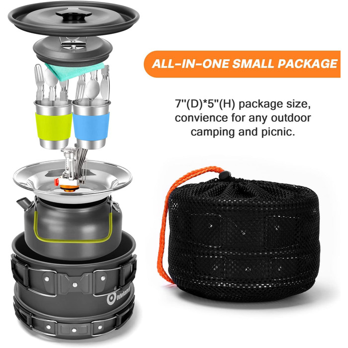 Набор посуды для кемпинга Odoland Набор для приготовления пищи для кемпинга на 2 персоны Кастрюли с чайником для кемпинга Столовые приборы и кружка Легкие алюминиевые горшки для кемпинга Набор складных кухонных принадлежностей для приготовления пищи на от