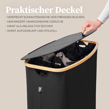 Ящик для білизни Hennez 150 л - Кошик для білизни 3 відділення - з кришкою - Сортувальник білизни з мішком для білизни - Кошики для білизни - Чорний бамбук - Контейнер для білизни - Система сортування білизни - Збірник білизни 2) Чорний 150л