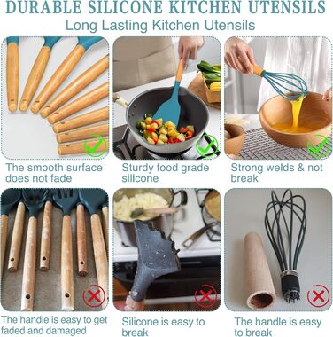 Набір кухонного приладдя Umite Chef, з антипригарним покриттям, силікон, кухонне приладдя, набір лопаток з тримачем, дерев'яна ручка, термостійкий силікон, 24 шт. и (синій)