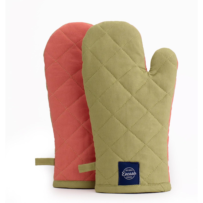 Рукавички для духовки та мікрохвильової печі Encasa Homes Extra Long (2 шт.) для кухні - Силіконові, сріблясті, термостійкі - Захищають руки від гарячого обладнання - (17x29 см, шавлія та корал)
