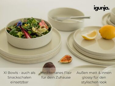 Набір керамічного посуду igunja, набір мисок та тарілок 12 предметів на 4 особи Високоякісний, 100 ручної роботи, набір посуду з реактивною глазур&39ю, матовий зовні, глянцевий всередині (бежевий, миски XL)