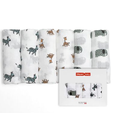 Муслінові серветки GLLQUEN для немовлят, 6 шт. бавовняних серветок для відрижки, 70 см x 70 см, абсорбуючі та дихаючі, ідеально підходять для очищення, витирання та покриття новонароджених (тваринки, 6 шт.)