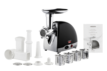 ARDESTO М'ясорубка, 1800Вт, продук.-2кг/хв, 3 решітки + для ковб., кеббе, 4 терки, пластик, чорно-сріблястий