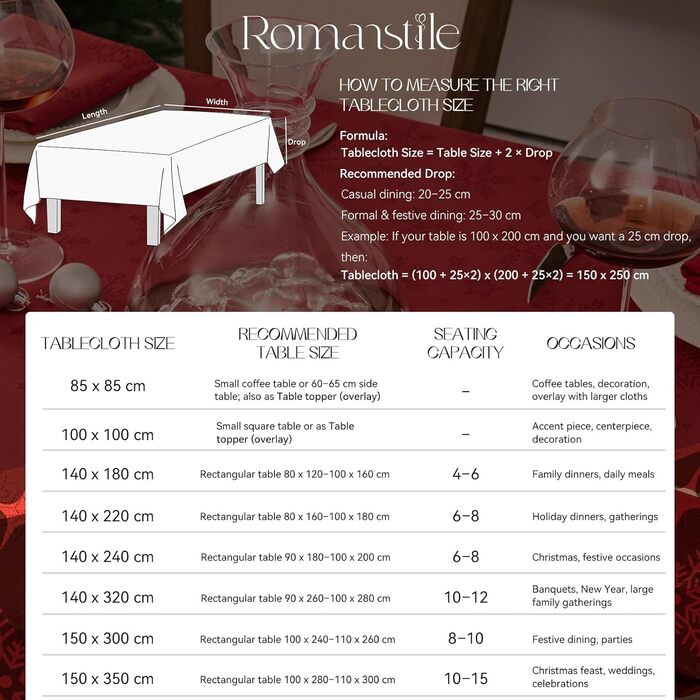Велика різдвяна скатертина Romanstile, яку можна прати та вона водовідштовхувальна, жакардові зірки та сніжинки, квадратна скатертина XXL для зими, різдвяної прикраси, вечірки, Різдва (140 x 180 см, червона)
