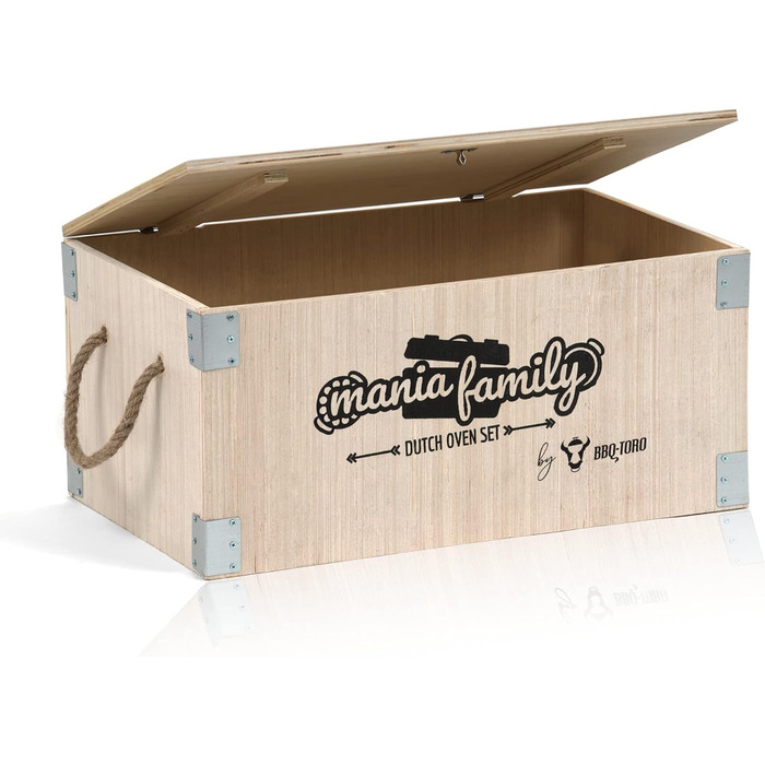 Набір голландської печі барбекю-Торо в дерев'яній коробці, чавун, попередньо приправлений, набір гриля з голландською духовкою, дерев'яна коробка, сковорода, каструля, сковорода, підставка, підйомник кришки (19 предметів)