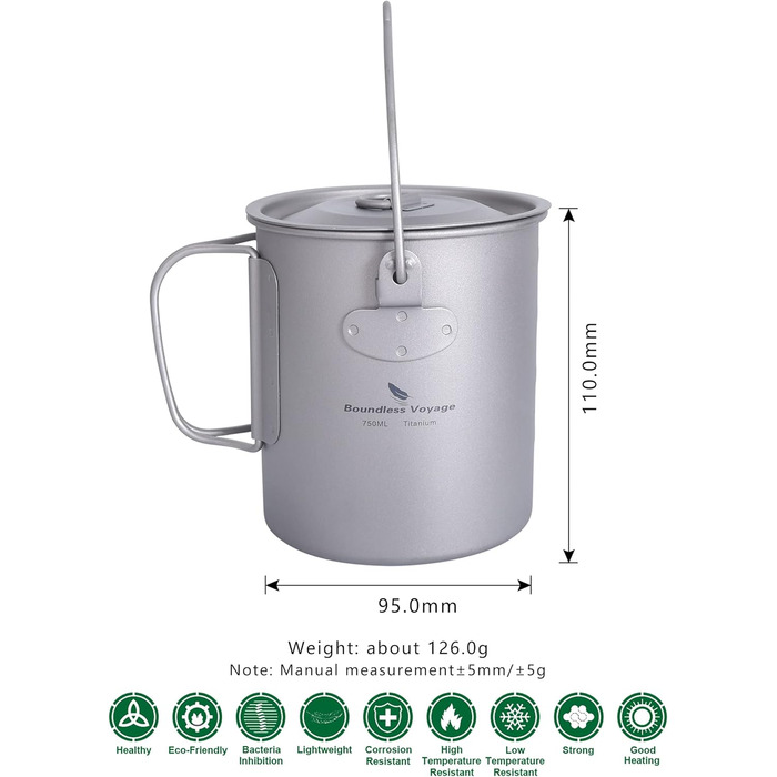 Безмежна подорож на відкритому повітрі 750 мл 800 мл 1100 мл 1300 мл Титанова каструля з кришкою Складна ручка для застави Кемпінг Піші прогулянки Пікнік Ультралегка портативна пляшка для води Чашка Кухоль Набір свиней (750 мл чашка свинина)