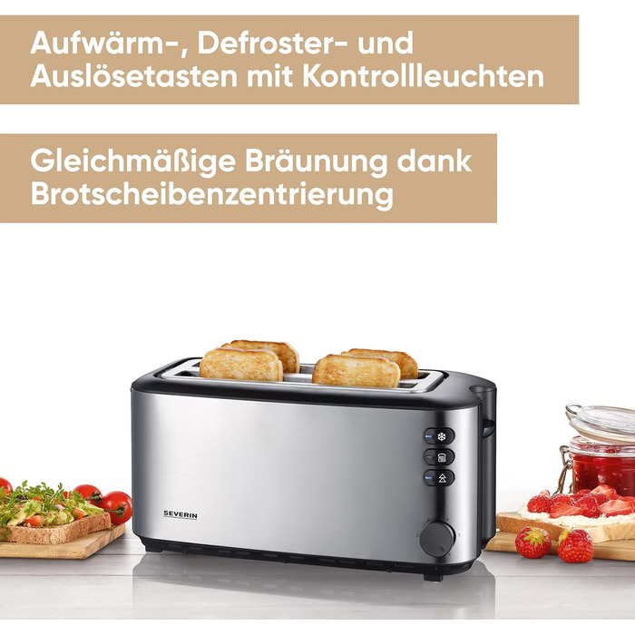 Автоматический тостер SEVERIN с длинными щелями, тостер с насадкой для булочки, высококачественный тостер из нержавеющей стали с большими камерами для запекания и мощностью 1400 Вт, матовая нержавеющая сталь/черный, AT 2509