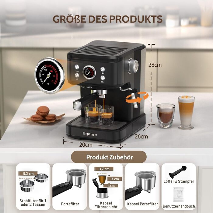 Кавомашина Empstorm з портафільтром для еспресо та піноутворювачем, еспресо-машина на 20 барів з портафільтром, еспресо-машина 2 в 1 для порошку та капсул, резервуар для води 1,5 л, кавоварка з портафільтром, білий (чорний)