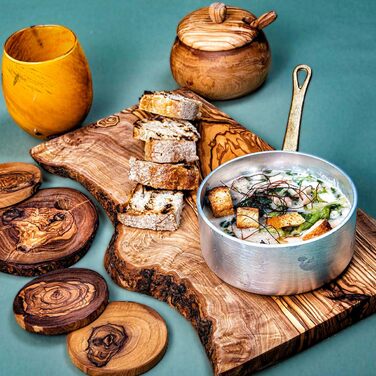 Підставки з високоякісної оливкової деревини, натуральні та необроблені в рустикальній круглій формі, діаметр приблизно 12 см, в комплекті, 6 шт. (сільський)