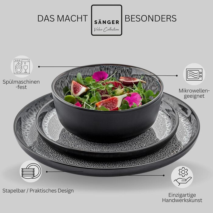 Кам&39яні миски для пасти 6 предметів, набір мисок для пасти на 6 осіб, набір мисок можна мити в посудомийній машині та мікрохвильовій печі, велика багатофункціональна миска темно-сірого кольору 750 мл VALUE COLLECTION (Сідней, набір посуду з 36 предметів