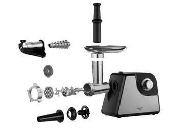 ARDESTO М'ясорубка, 1700Вт, продук.-1.6кг/хв, 2 решітки + для ковб., кеббе, насадка для томатів, пластик+метал, чорно-сріблястий