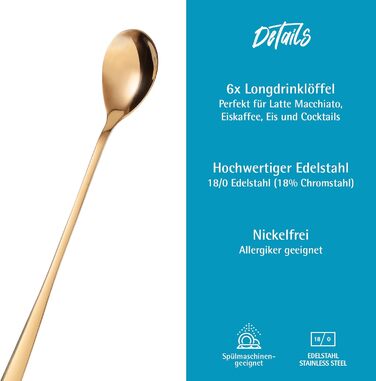 Набір ложок GRWE для лате макіато, золотий, 6 предметів, 22 см, довгі ложки, ложки для коктейлів, десертні ложки, ложки для морозива, ложки для кави з льодом, нержавіюча сталь, можна мити в посудомийній машині (золотий)