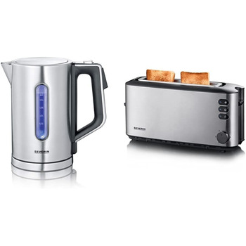 Цифровий чайник SEVERIN зі швидкістю швидкого кип'ятіння та індивідуальним вибором температури, об'єм наповнення 1,7 л XXL, матова нержавіюча сталь / чорний, 3000 Вт, 100 без бісфенолу А, WK 3418 (комплект із тостером із довгим отвором чорний)