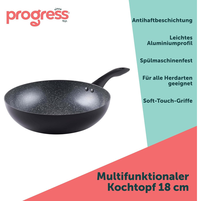 Каструлі Progress, каструля з антипригарним покриттям, виготовлена з металу, мармуру та кераміки, легкий алюмінієвий екструзійний матеріал - підходить для всіх типів плит, крім індукційних, каструлі можна мити в посудомийній машині (вок, 3,5 літра)