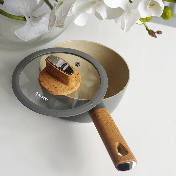 Ківш Fissman ARIA 16x7,5 см / 1,2 л зі скляною кришкою алюміній з антипригарним покриттям (14468)