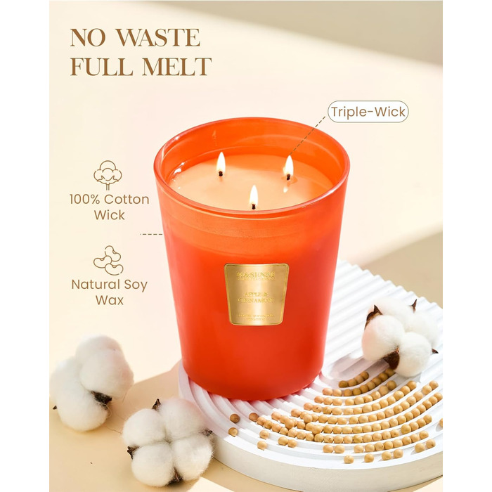 Ароматична свічка M&SENSE надзвичайно велика, час горіння 150 годин, натуральна ароматерапевтична свічка з 3 гнітами, сильний аромат, тривале горіння, подарункова свічка та прикраса для дому, подарунки для жінок (990 г, яблуко-кориця червона)