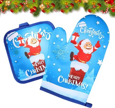 Рукавичка для духовки та прихватка для каструль, набір 2 предмети з різдвяним принтом, сині Embhlitfe