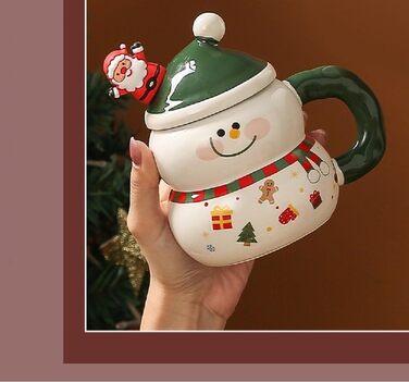 Різдвяний кухоль 400 мл з кришкою та ложкою, Сніговик в зеленій шапці VollfitYYu