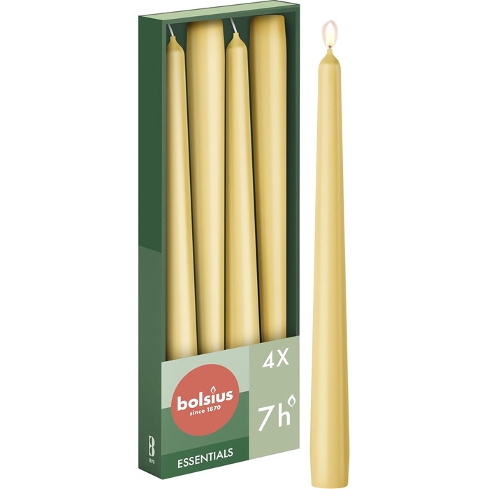 Свічки Bolsius Smooth Taper - Зелені - Набір з 4 шт. у коробці - Декоративні побутові свічки - Час горіння 7 годин - Без запаху - Натуральний рослинний віск - Без пальмової олії - 24,5 см Зелені 4 шт. и (Бежевий, 4 шт. и)