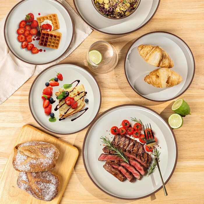 Набір посуду LeRatio для 6 осіб, 18-предметний набір керамічного посуду, керамічна миска та тарілка, стійкі до подряпин (18 предметів, перлинно-біло-коричневий обідок)