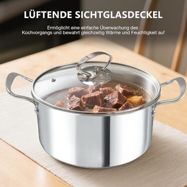 Каструля 3 л з нержавіючої сталі зі скляною кришкою 20 см HOUSLUX